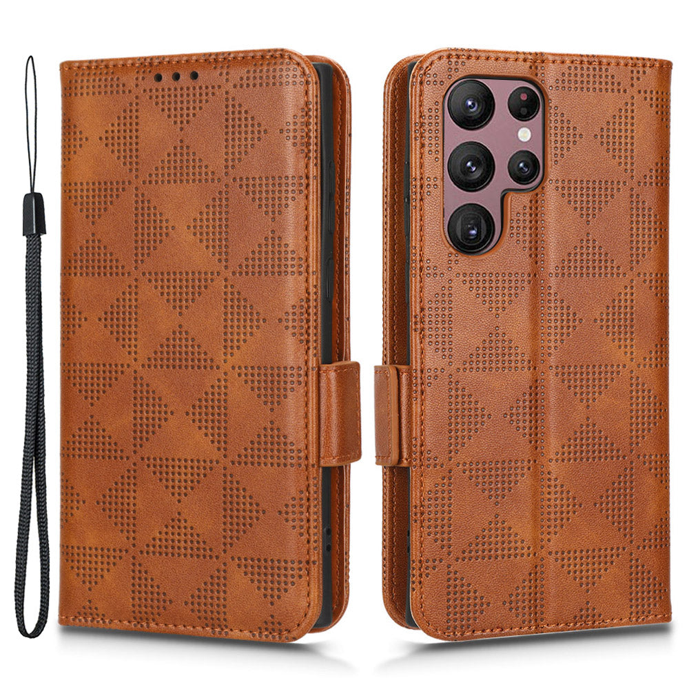 For Samsung Galaxy S23 Ultra Anti-Fingerprint Imprinted Triangle Pattern Phone Cover PU Leather Wallet Stand Mobile Phone Case with Wrist Strap For Samsung Galaxy S23 Ultra Anti-Fingerprint Imprinted Triangle Pattern Phone Cover PU Leather Wallet Stand Mobile Phone Case with Wrist Strap